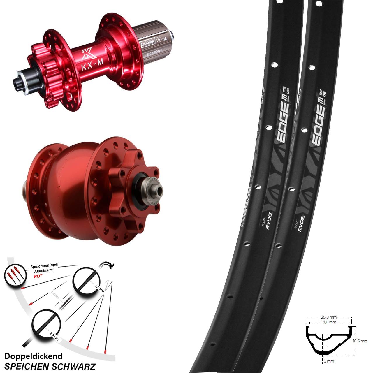 29 Zoll Laufradsatz Dynamo SON 28 rot KX-M 6-loch Schnellspanner Ryde Edge M22-622 ETRTO
