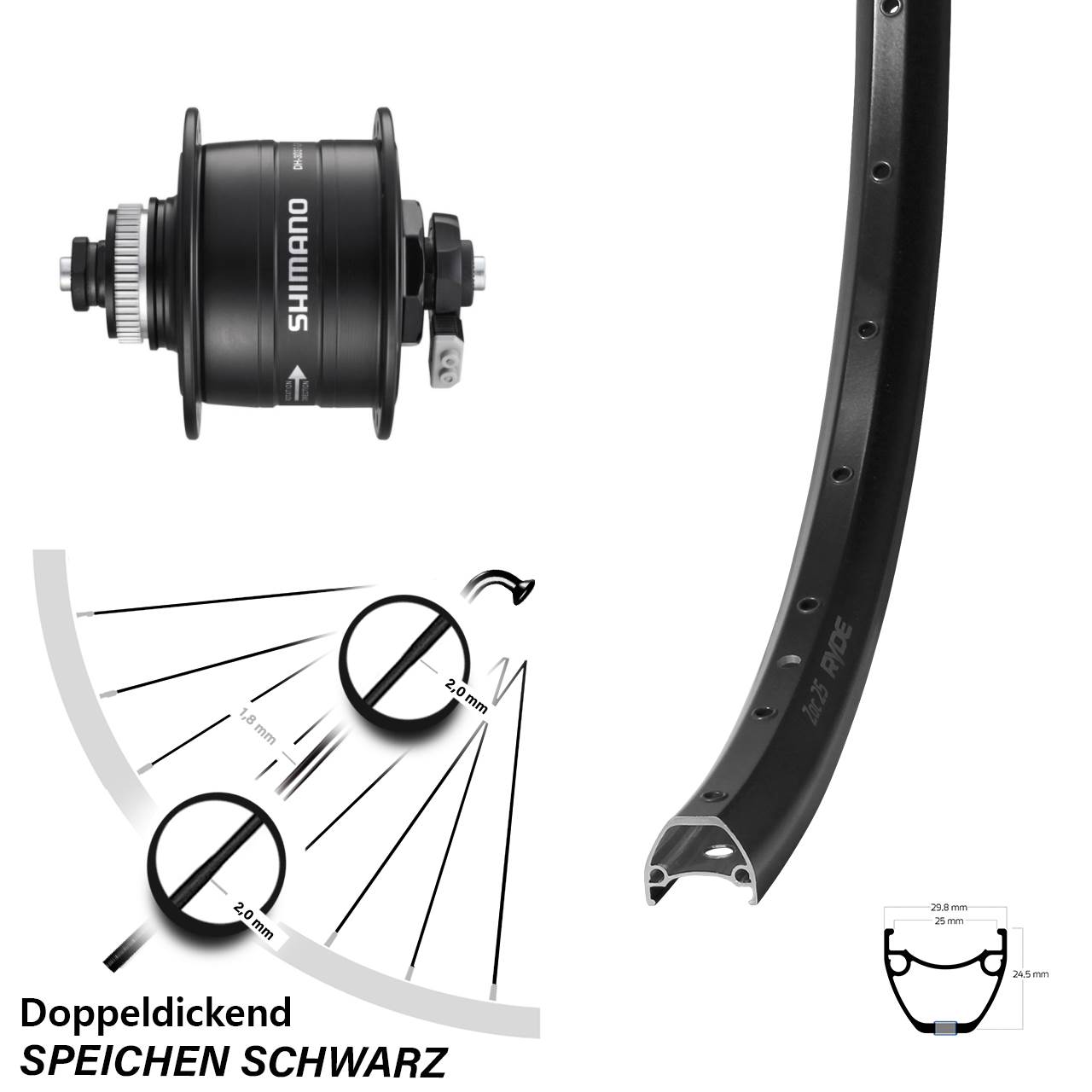 Disc Nabendynamovorderrad 29 Zoll Ryde ZAC 25 Shimano DH-3D37 für Schnellspanner