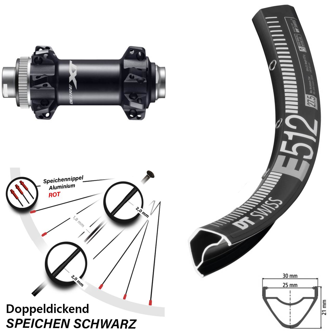 DT Swiss E 512 Vorderrad 27,5 Zoll Shimano Deore XT HB-M8110 Boost Straightpull