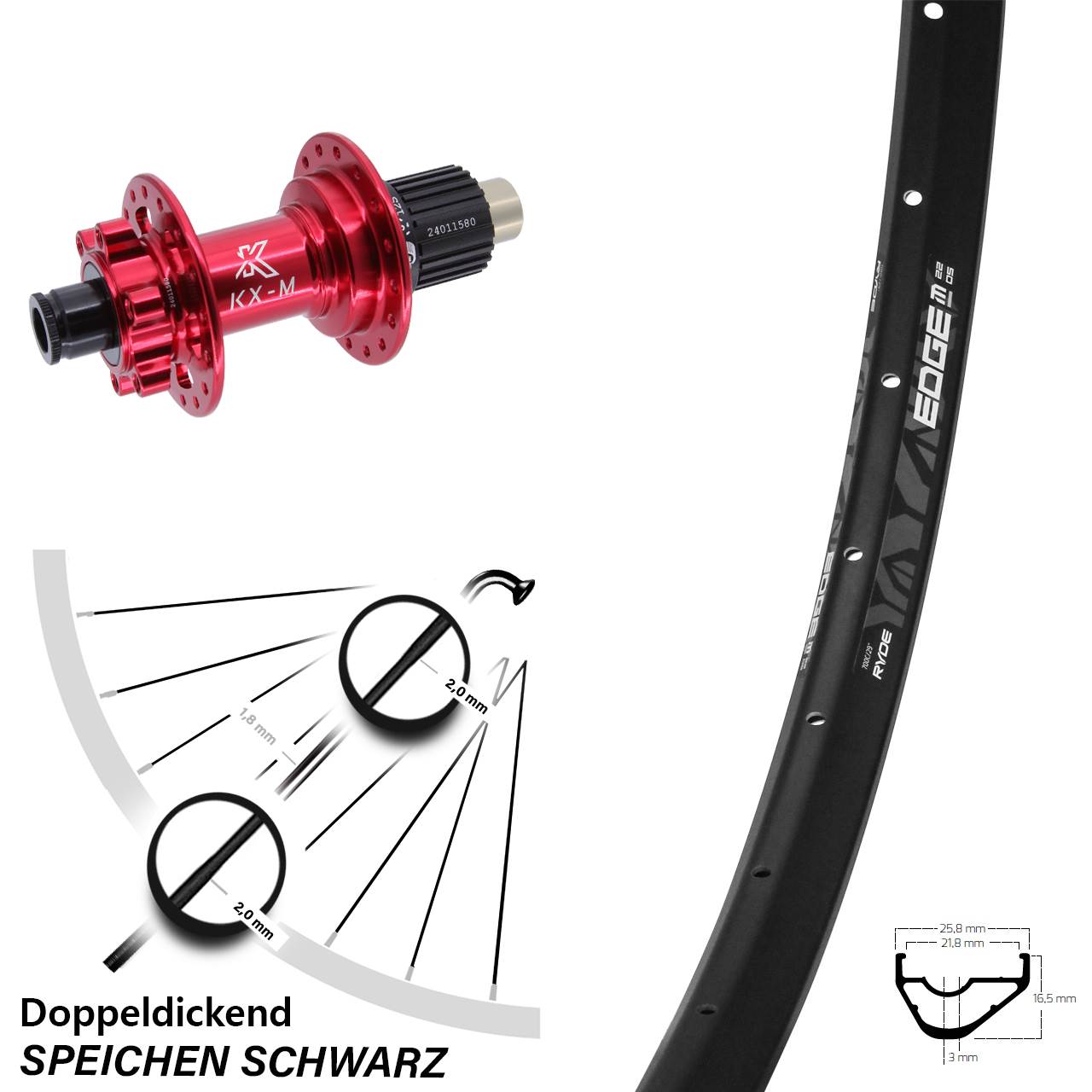 28 Zoll Ryde Edge M22 Hinterrad KX-M rot Micro Spline 12x142