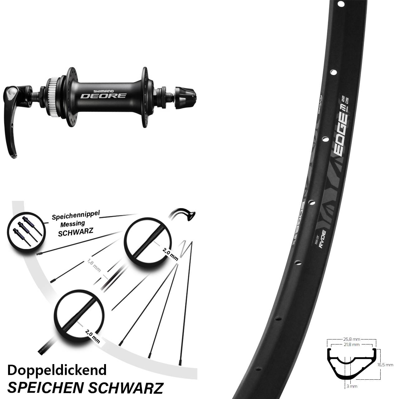 Vorderrad Centerlock QR 29 Zoll Ryde Edge M22 OS Shimano Deore