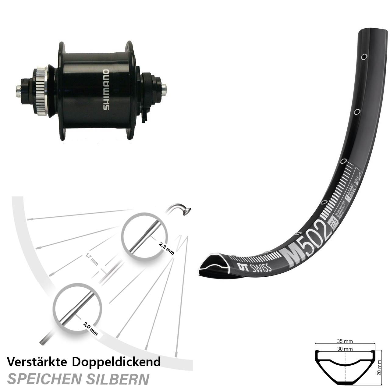 DT Swiss M 502 Shimano DH-UR700-3D 27,5 Zoll Centerlock Dynamovorderrad für Schnellspanner