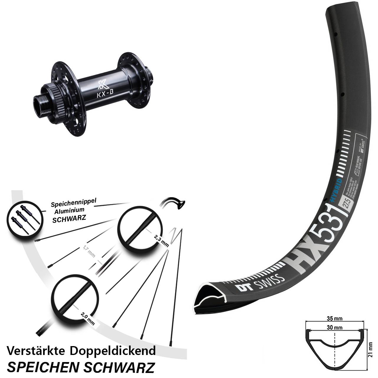 KX-B Boost 15x110 mm DT Swiss HX 531 Vorderrad 29 Zoll Centerlock E-Bike
