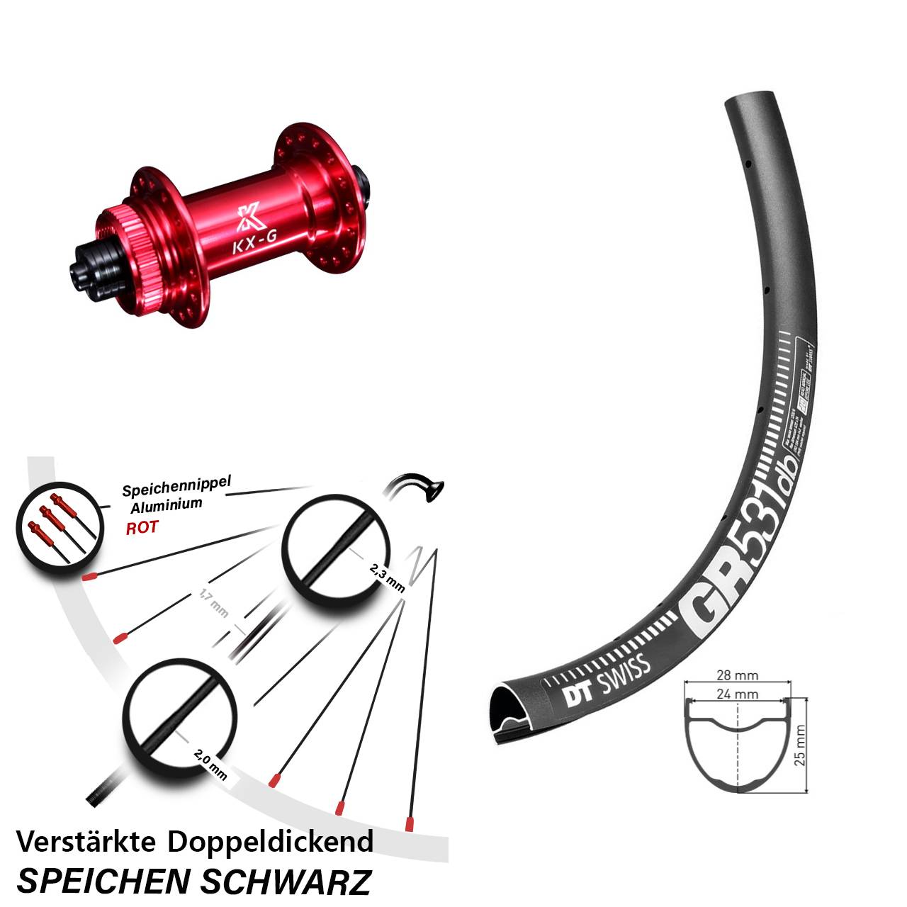 Vorderrad Gravel 28 Zoll DT Swiss GR 531 DB Nabe rot-eloxiert KX-G 5x100 mm Sapim E-Light