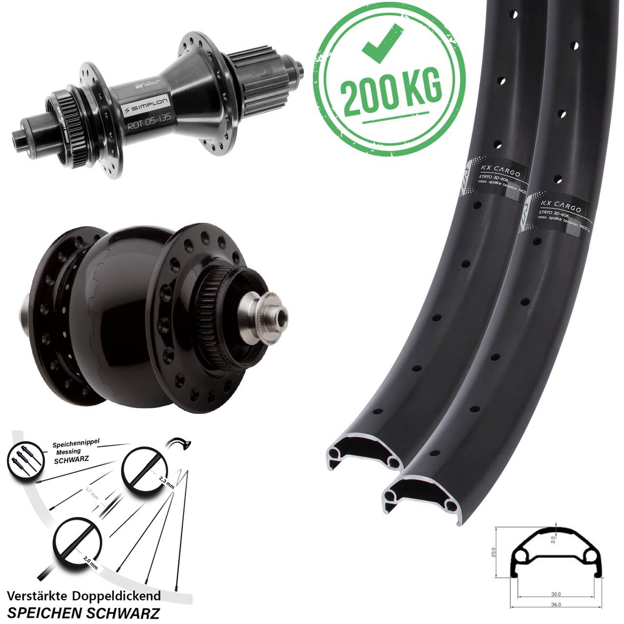 Disc Laufrad-Satz 20 Zoll KX Cargo DT Swiss 370 Hybrid SON 28 Micro Spline QR