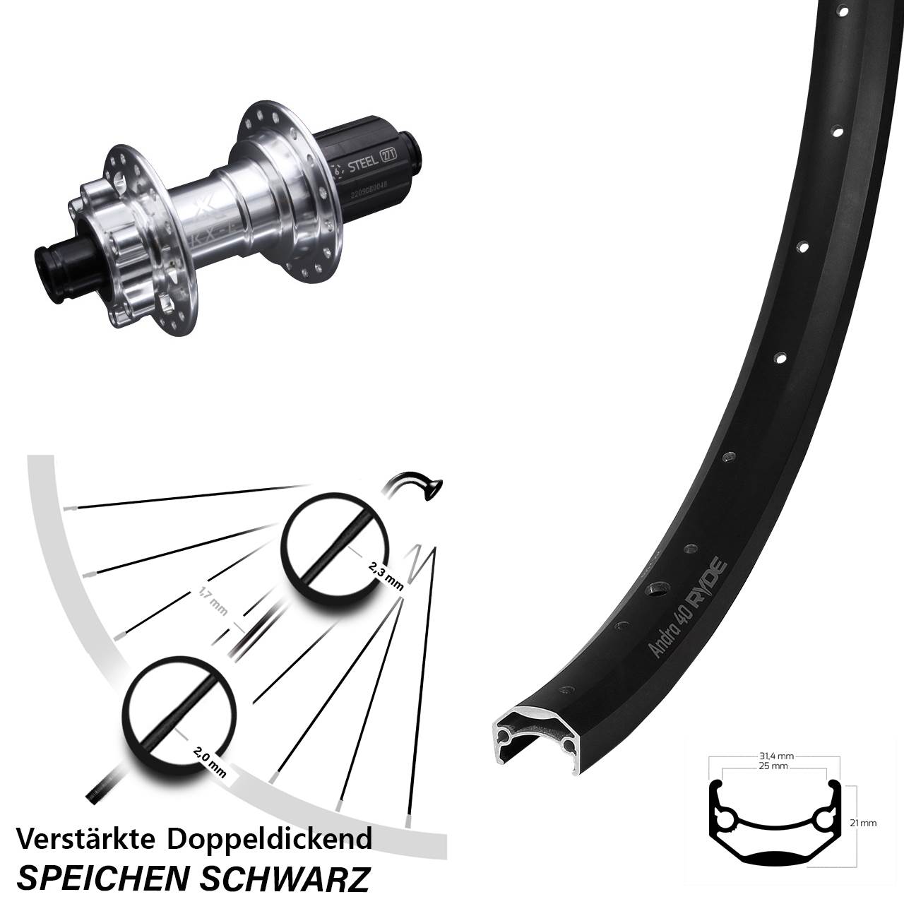 27,5 Zoll Hinterrad KX-E Nabe silbern 12x142 mm 6-loch 8-12 fach Ryde Andra 40 Disc