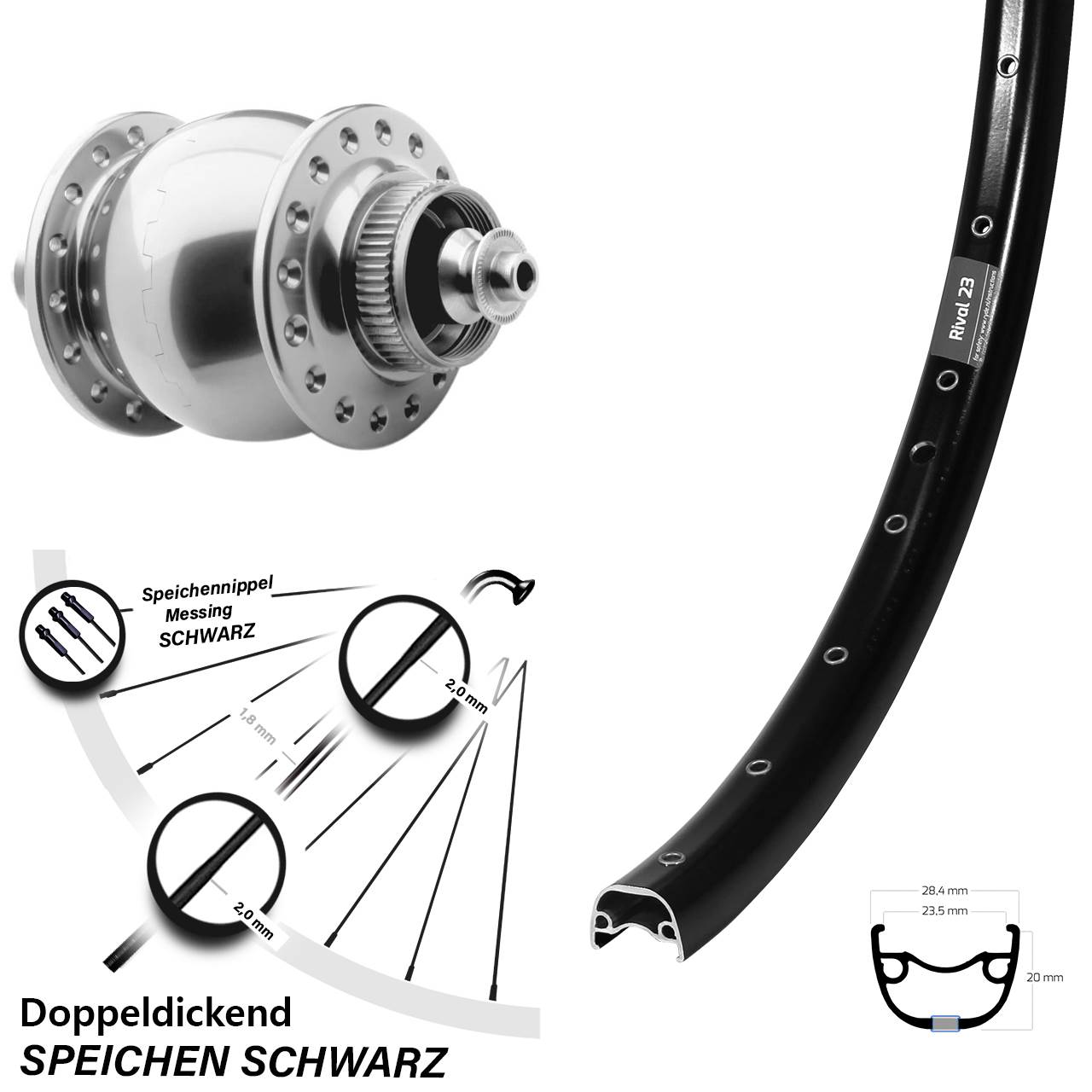 27,5 Zoll Ryde Rival 23 SON 28 Centerlock Vorderrad mit Nabendynamo QR