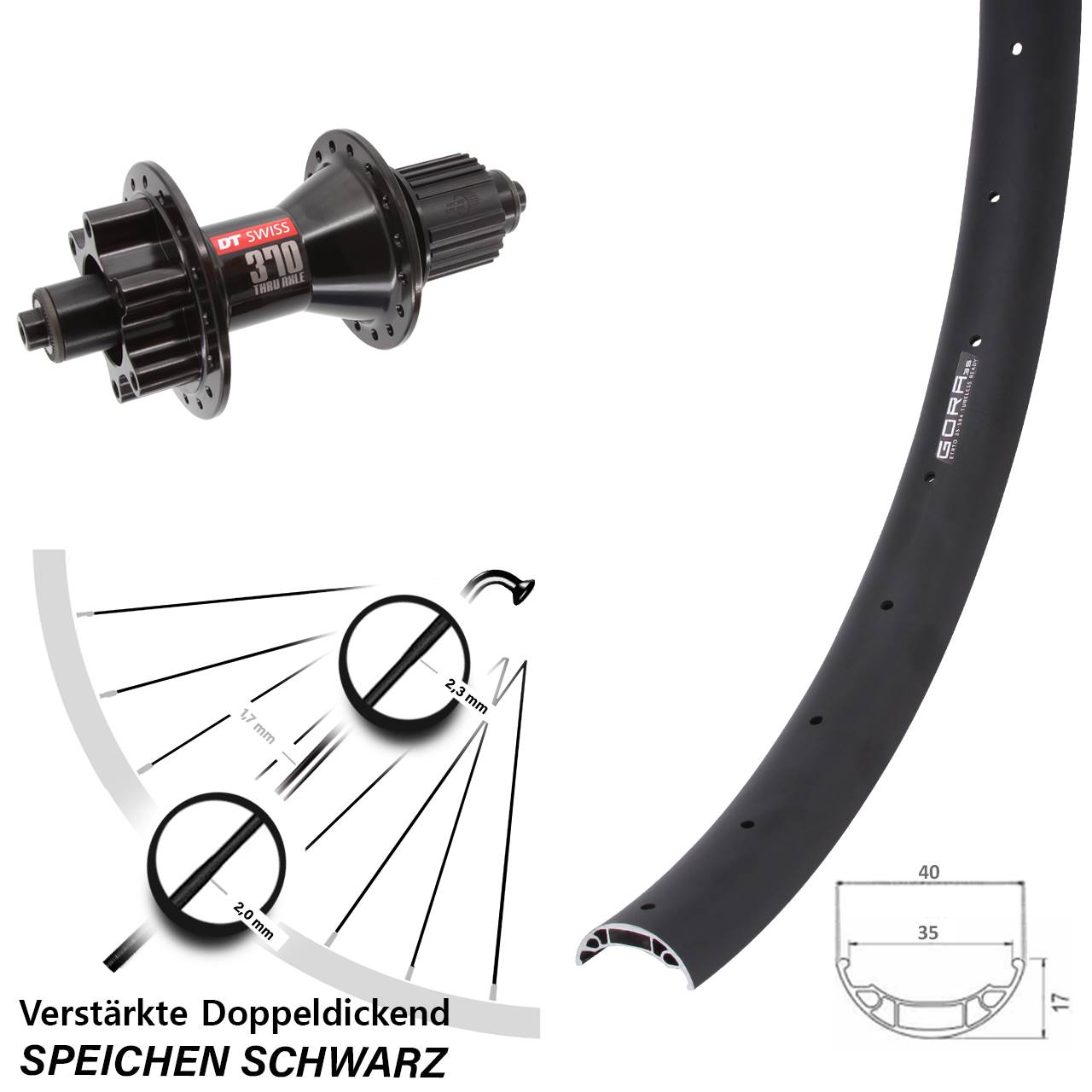 Disc Laufrad QR 27,5 Zoll Gora 35 DT Swiss 370 Hybrid Shimano Micro Spline schwarz