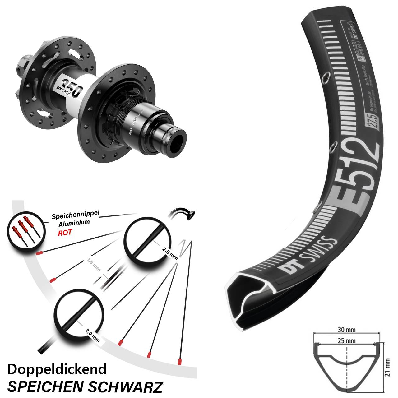 DT Swiss E 512-350 DEG72 27,5 Zoll 6-Loch Hinterrad 12x148 SRAM XD