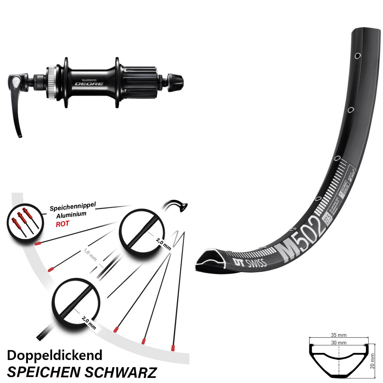 27,5 Zoll DT Swiss M502 Shimano FH-M6000 Disc Hinterrad QR 8-11 fach HG