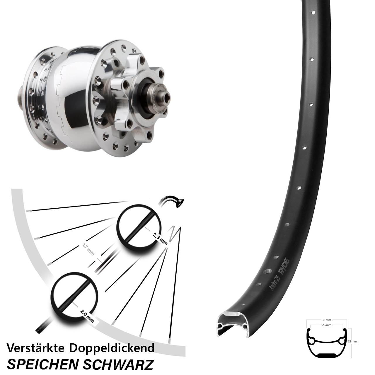 Disc Dynamo-Vorderrad für Schnellspanner 28 Zoll Ryde Andra 25 SON 28 poliert