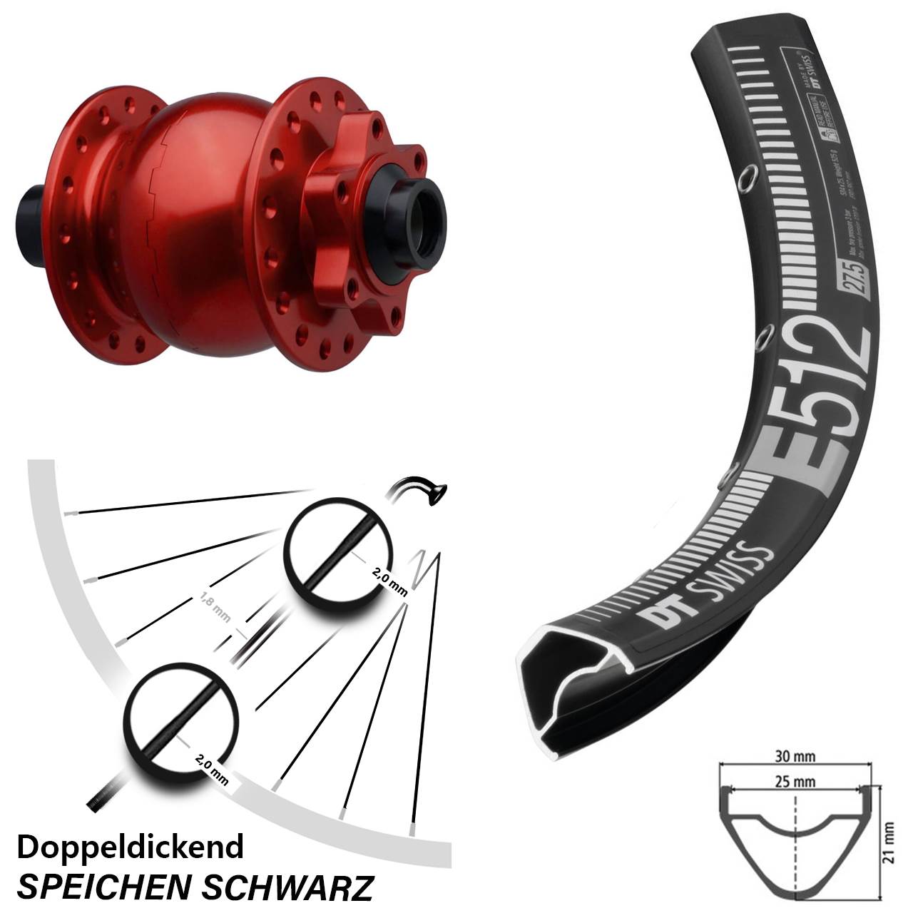 Boost Nabendynamovorderrad 6-Loch 15x110 27,5 Zoll DT Swiss E 512 SON 28 rot