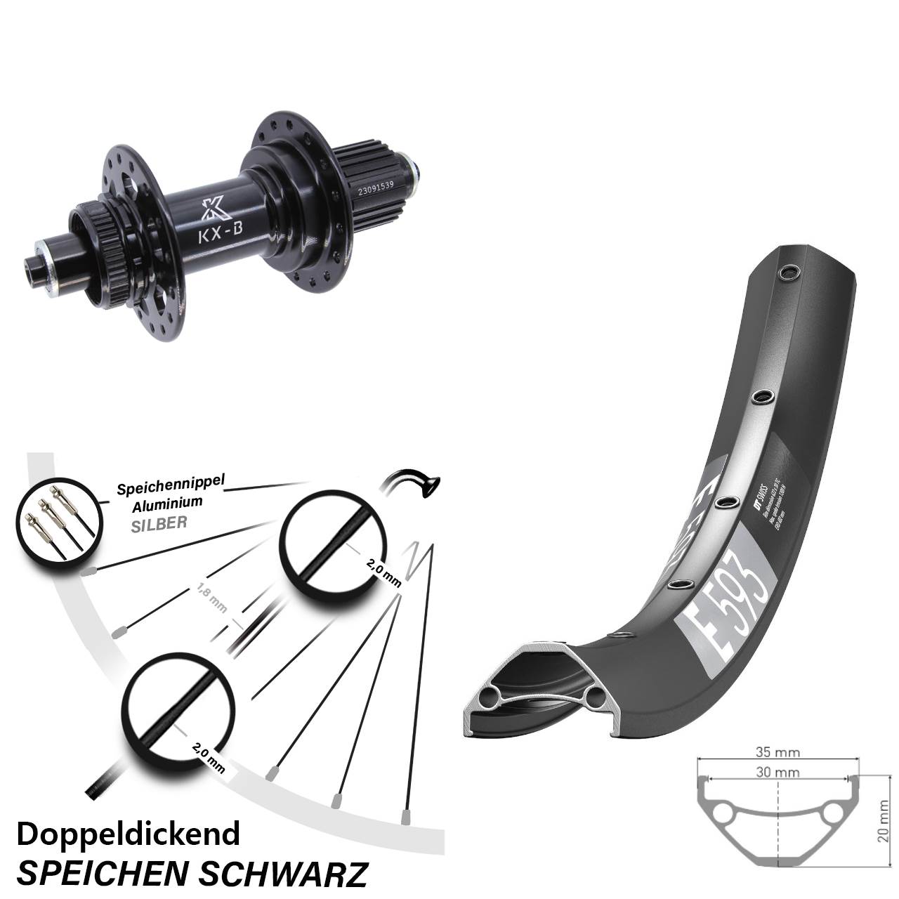 Laufrad 29 Zoll DT Swiss E 593 Disc KX-B Centerlock 5x141 Boost Micro Spline