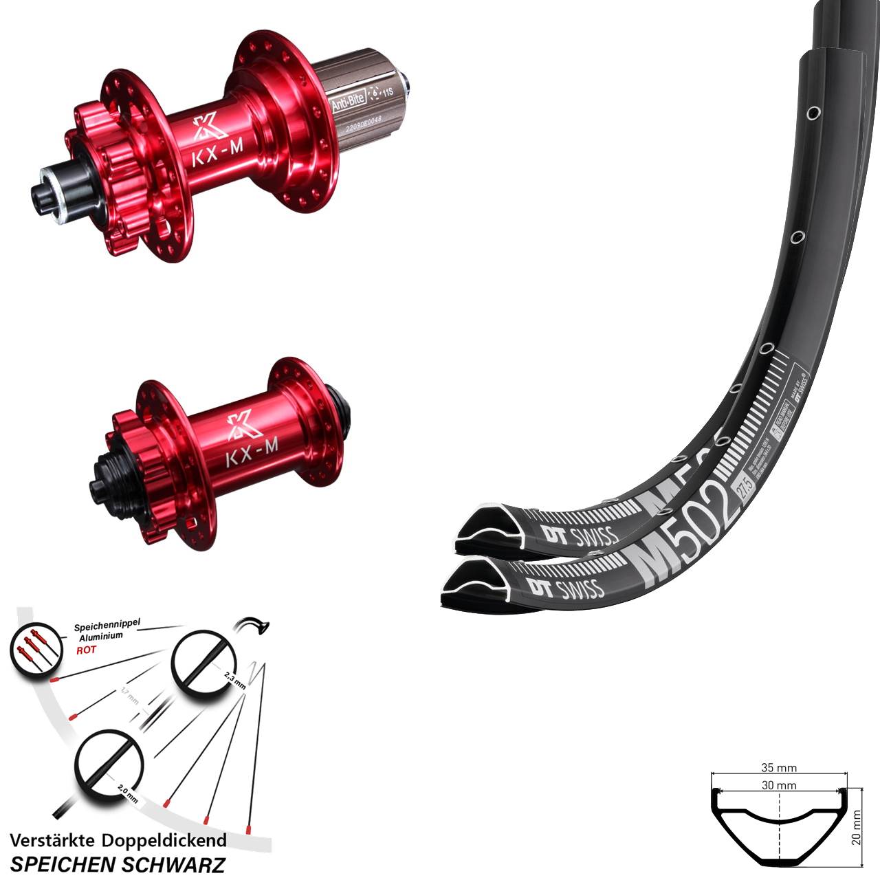 DT Swiss M 502 KX-M rot 29 Zoll Disc Laufrad-Satz QR 8-12 fach HG