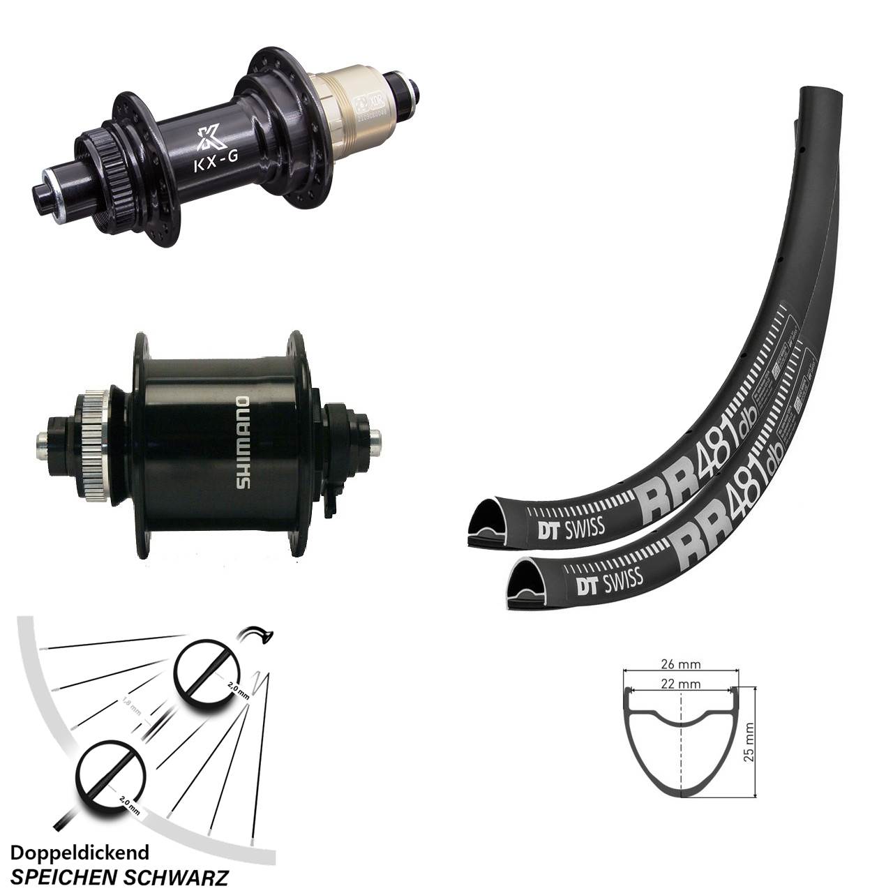 28 Zoll Laufradsatz Road Dynamo DT Swiss RR 481 Nabe KX-G Sram XD-R Shimano DH-UR 705-3D