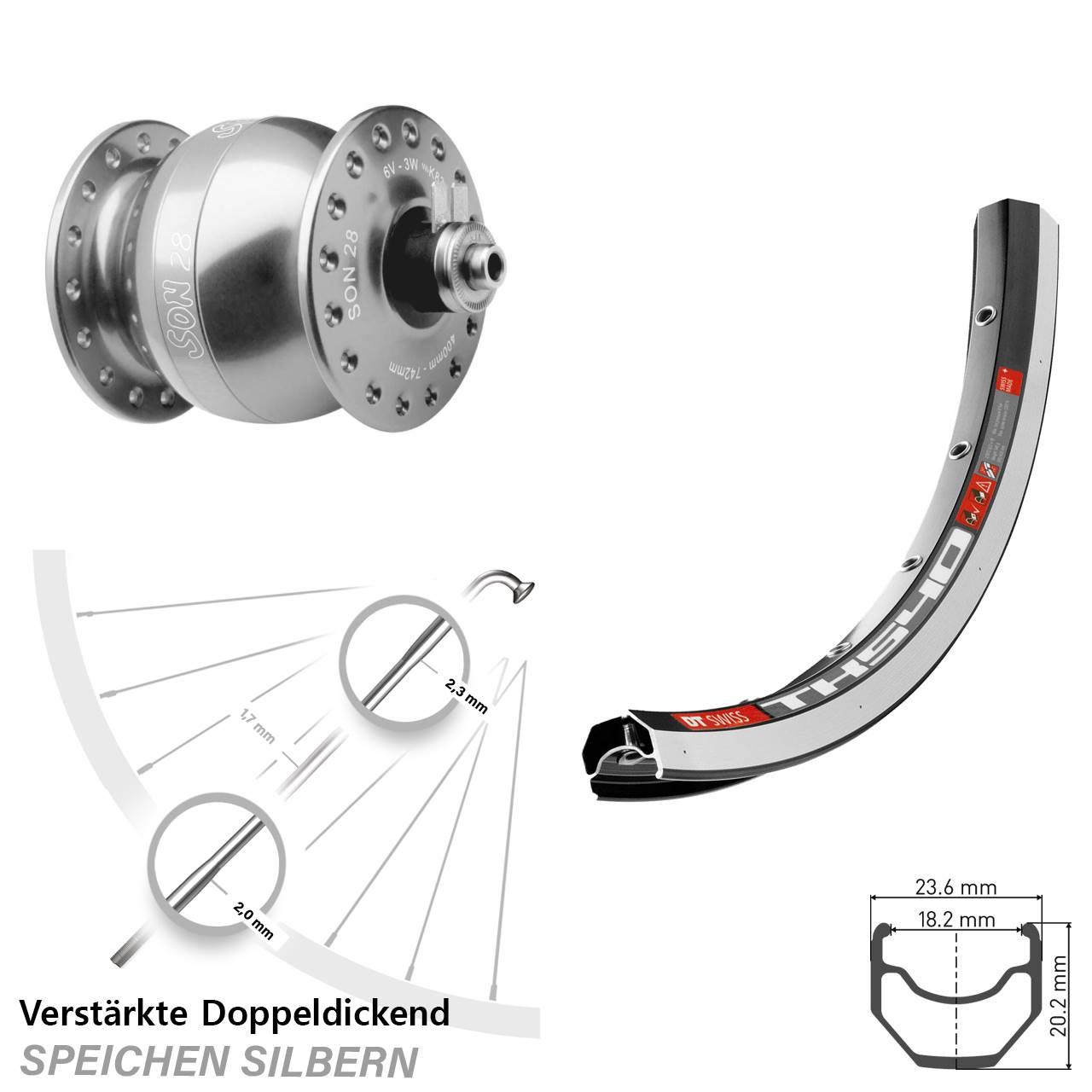 Nabendynamolaufrad SON 28 Zoll DT Swiss TK540 silbern QR