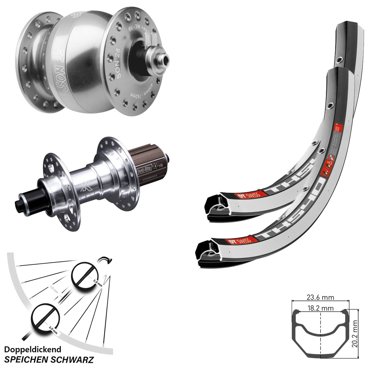 Laufrad-Satz für Schnellspanner SON 28 Zoll DT Swiss TK540 KX-T silbern 8-12 fach HG