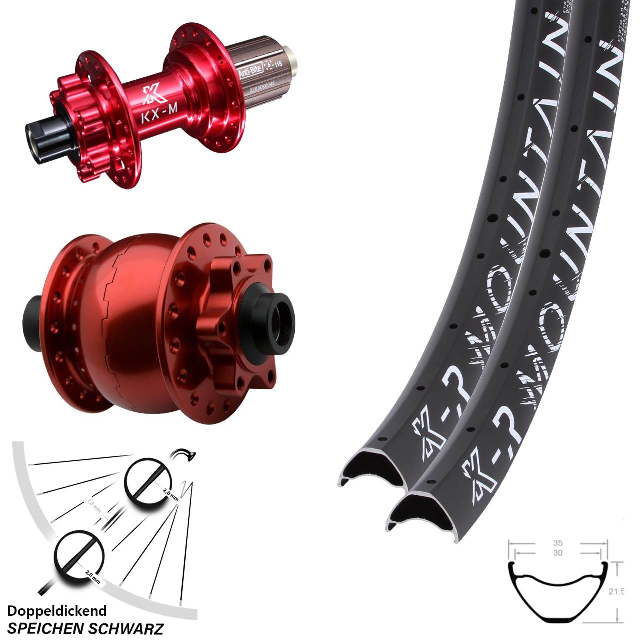 Laufradsatz 6-Loch 29 Zoll KX-MR Mountain rot SON 28 8-12 fach 15x100 12x142