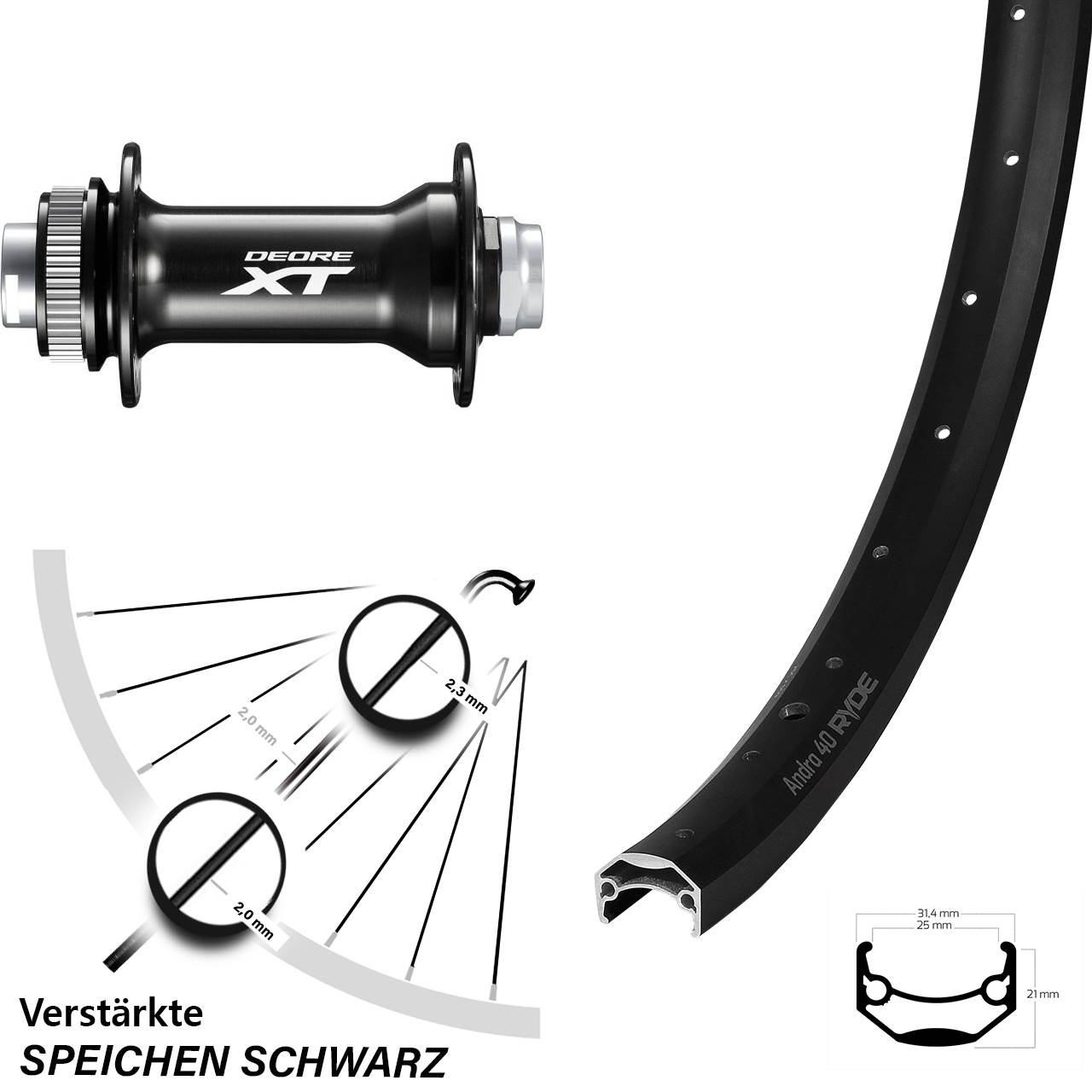 24 Zoll Ryde Andra 40 Disc Shimano XT Vorderrad Centerlock 15x110 Boost