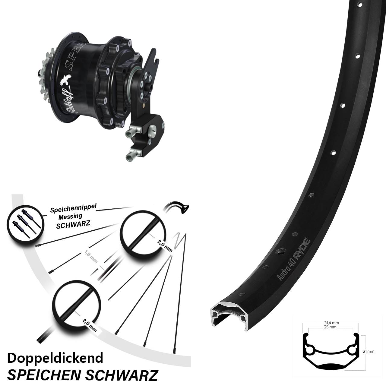 27,5 Zoll Rohloff Hinterrad Speedhub CC DB OEM2 schwarz Ryde Andra 40
