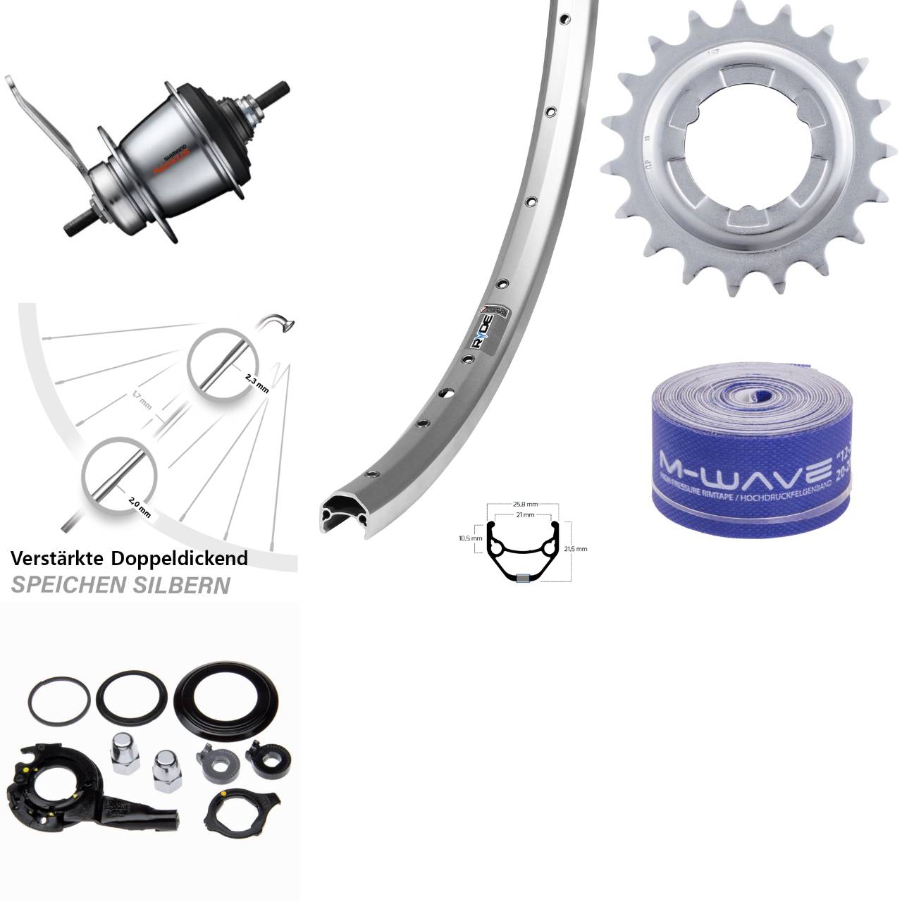 Hinterrad 28 Zoll Ryde Zac 421 silbern Shimano 7 Gang Nabenschaltung Rücktritt