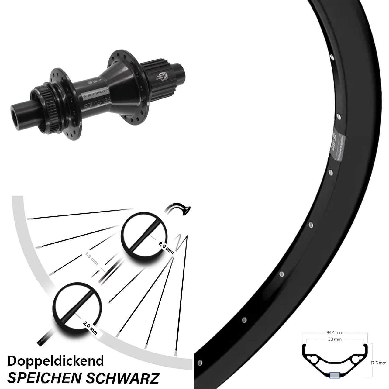 27,5 Zoll Ryde Disc 30 DT Swiss 370 Hybrid Centerlock Hinterrad 12x142 Micro Spline