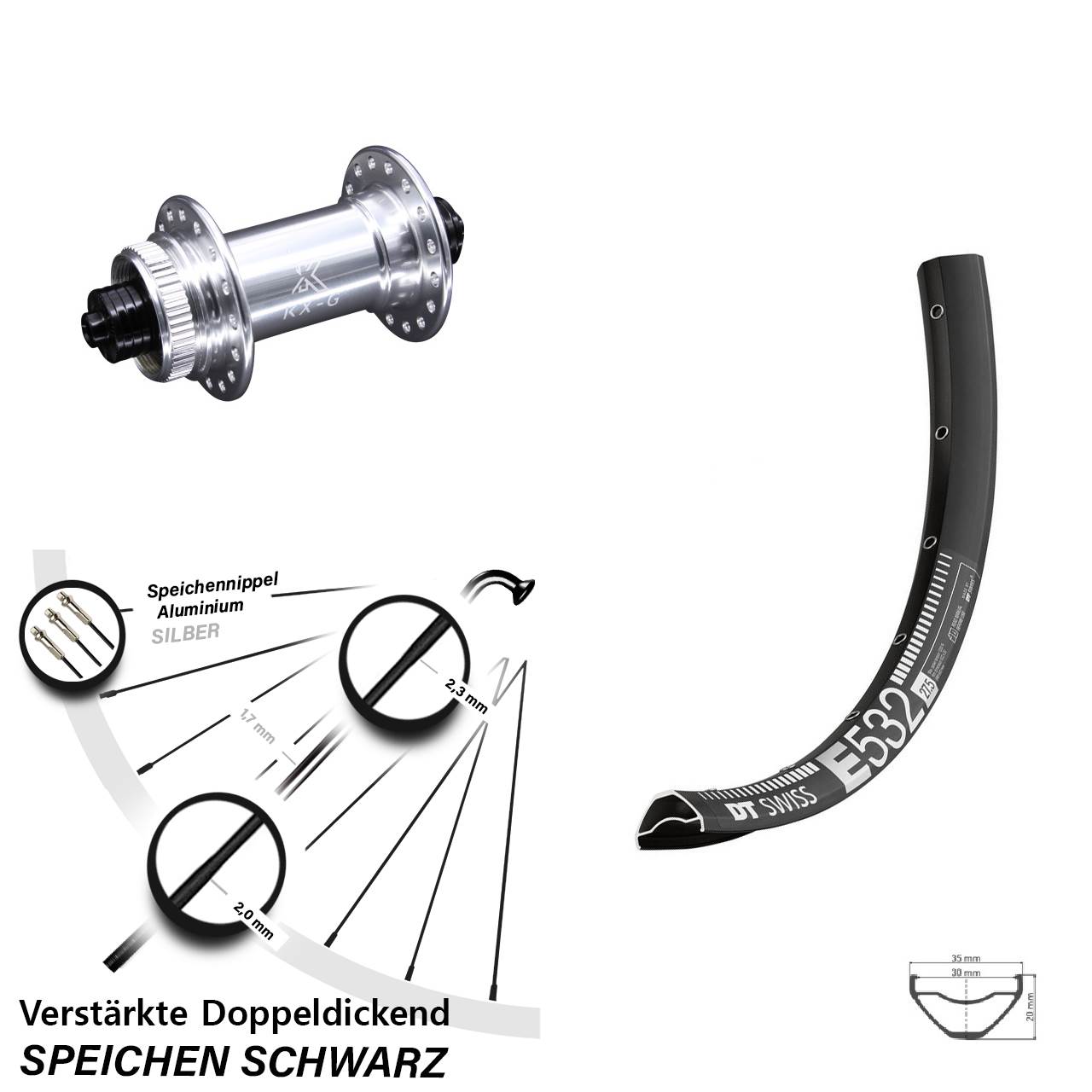 DT Swiss E532 KX-G 29 Zoll Vorderrad Centerlock QR