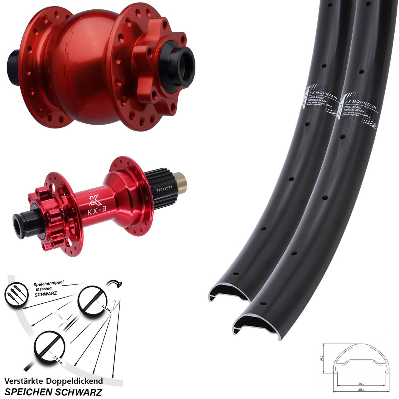Laufradsatz 6-Loch 15x110 12x148 29 Zoll KX-B Mountain TR rot SON 28 Micro Spline