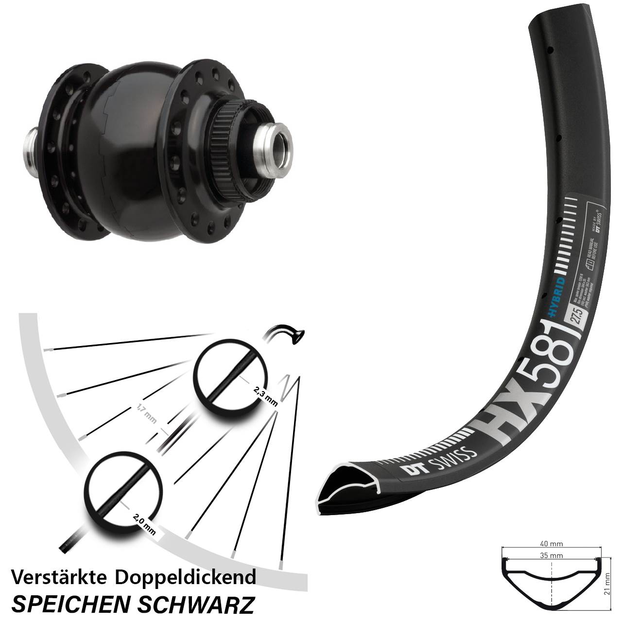 Centerlock Vorderrad mit Dynamo 27,5 Zoll DT Swiss HX581 SON 28 12x100