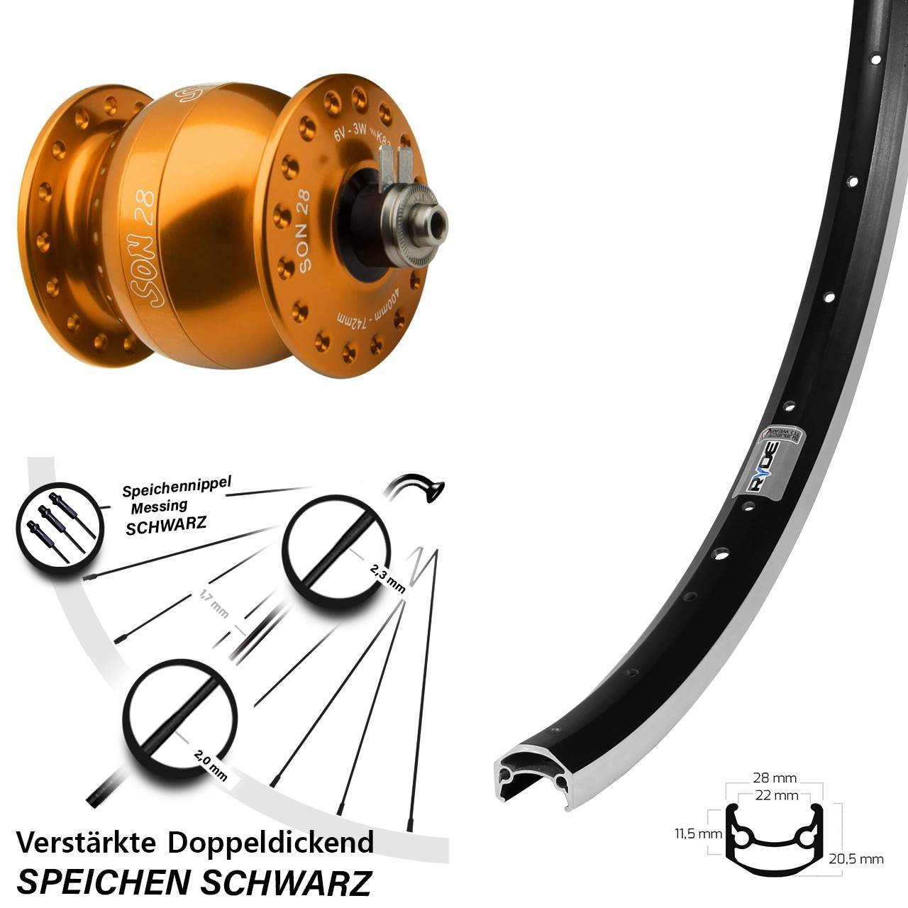 Nabendynamo-Vorderrad QR 650B Ryde Andra35 SON 28 orange