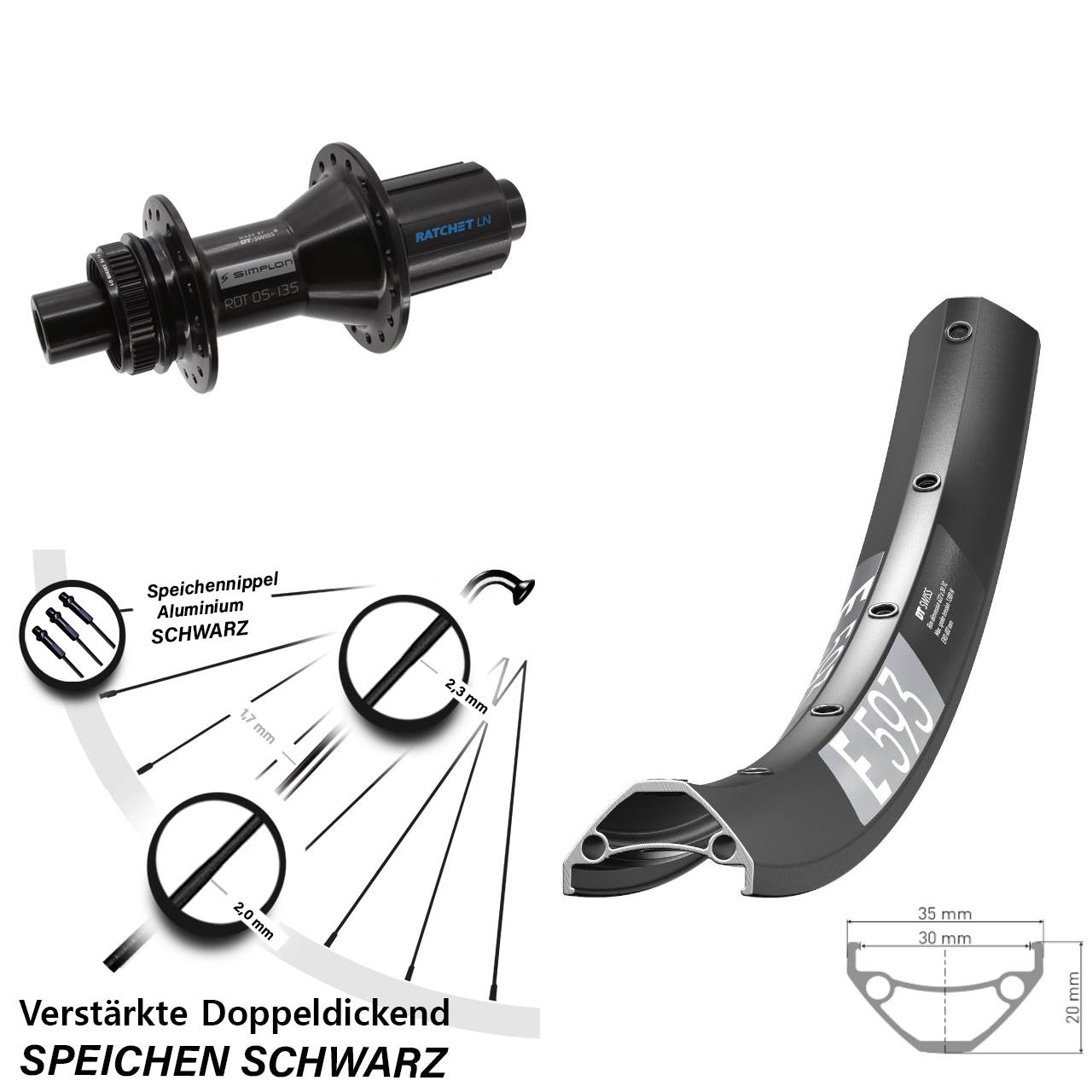 29 Zoll DT Swiss E593-370 Hybrid Centerlock Hinterrad 12x142 8-11 fach HG