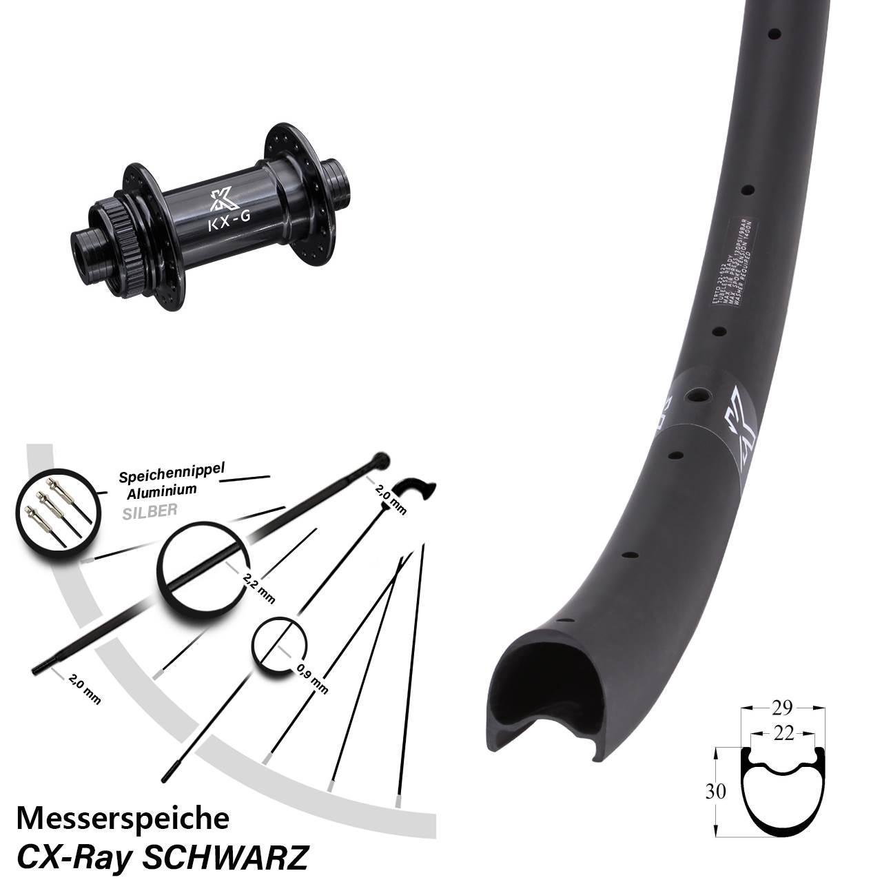 KX-RC Gravel Carbon schwarz 28 Zoll Disc Laufrad 15x100 CX-Ray