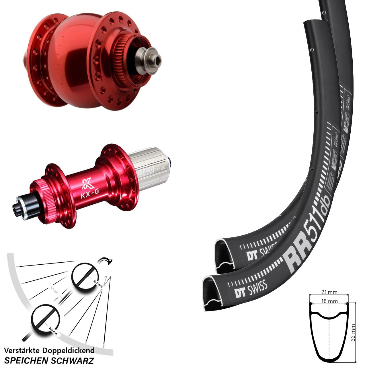Laufrad-Satz 28 Zoll DT Swiss RR511 KX-G rot SON delux 8-12 fach HG QR