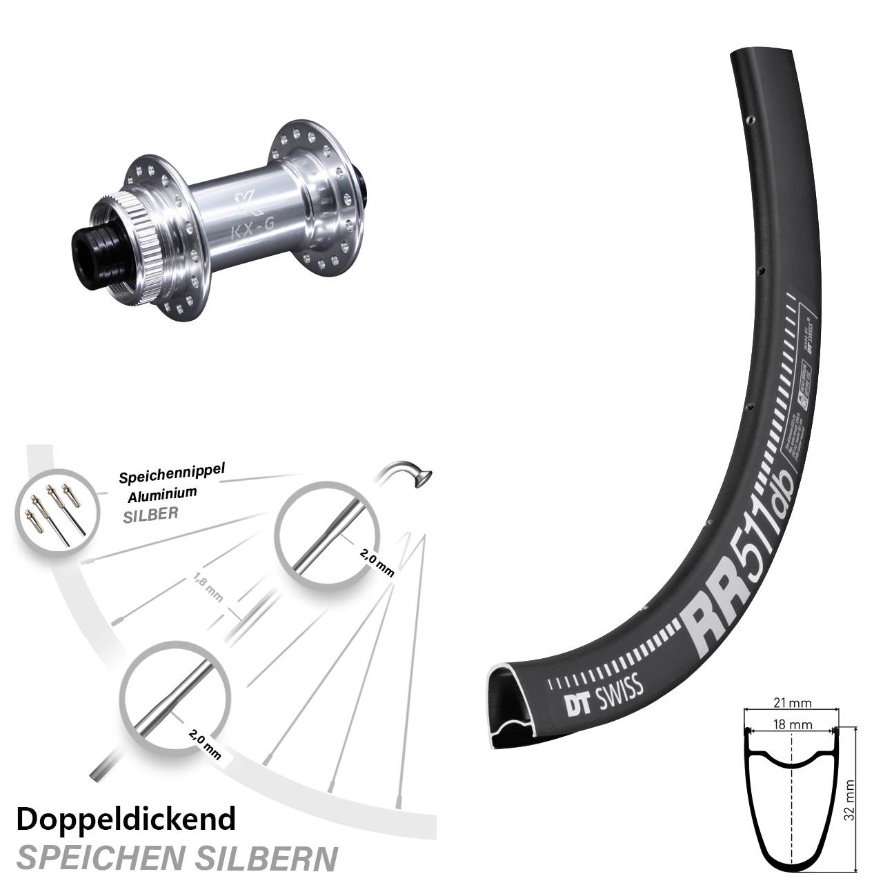 DT Swiss RR 511 Road Disc Vorderrad 28 Zoll KX-G silbern 12x100 mm