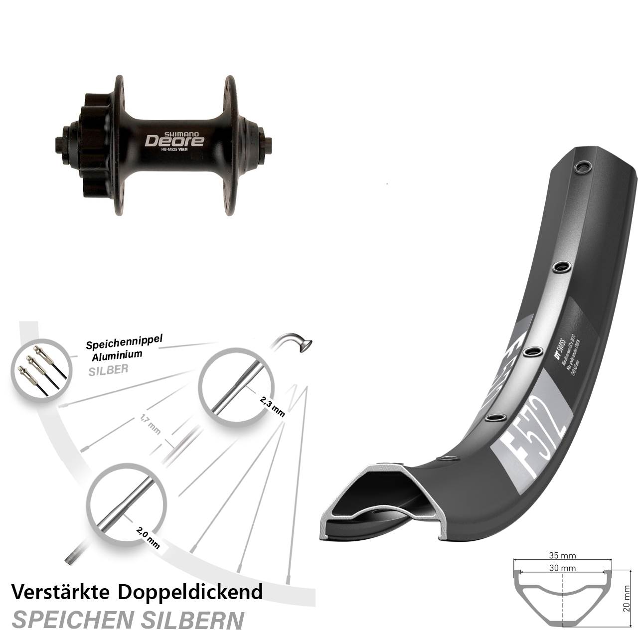 Disc Laufrad 29 Zoll DT Swiss F 572 Shimano Deore HB-M525 für Schnellspanner
