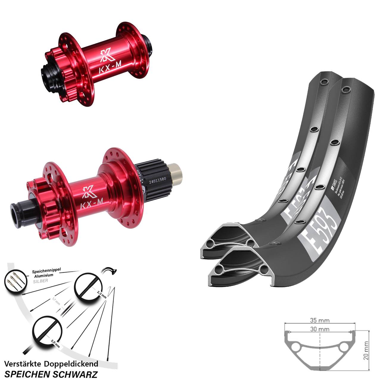 DT Swiss E593 KX-M rot 27,5 Zoll Disc Laufrad-Satz 15x100 12x142 Micro Spline