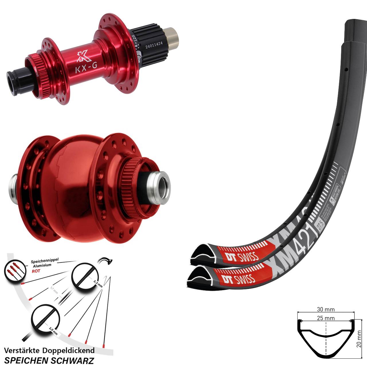 27,5 Zoll DT Swiss XM421 KX-G rot SON 28 Disc Laufradsatz 12x100/142 Micro Spline