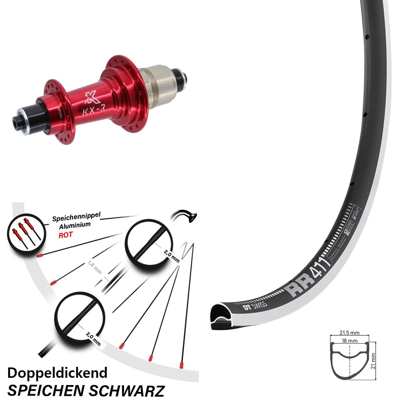 Laufrad hinten QR 28 Zoll DT Swiss RR411 OS KX-R rot XDR