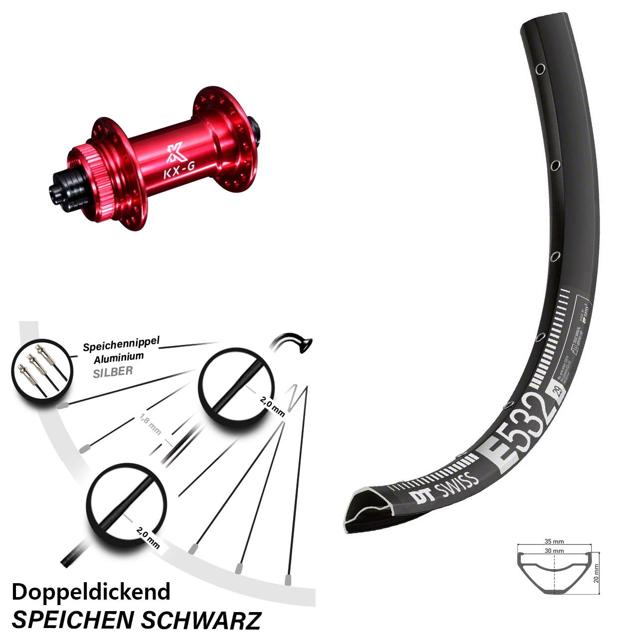 Vorderrad Centerlock 29 Zoll DT Swiss E 532 KX-G rot für Schnellspanner