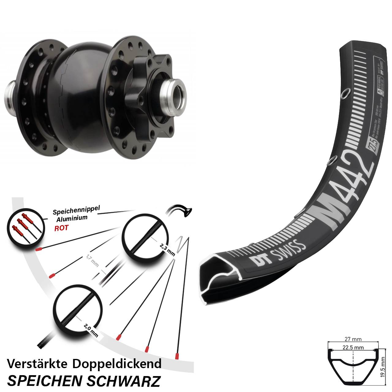6-Loch Dynamo-Vorderrad DT Swiss M 442 SON 28 Zoll 12x110 Boost