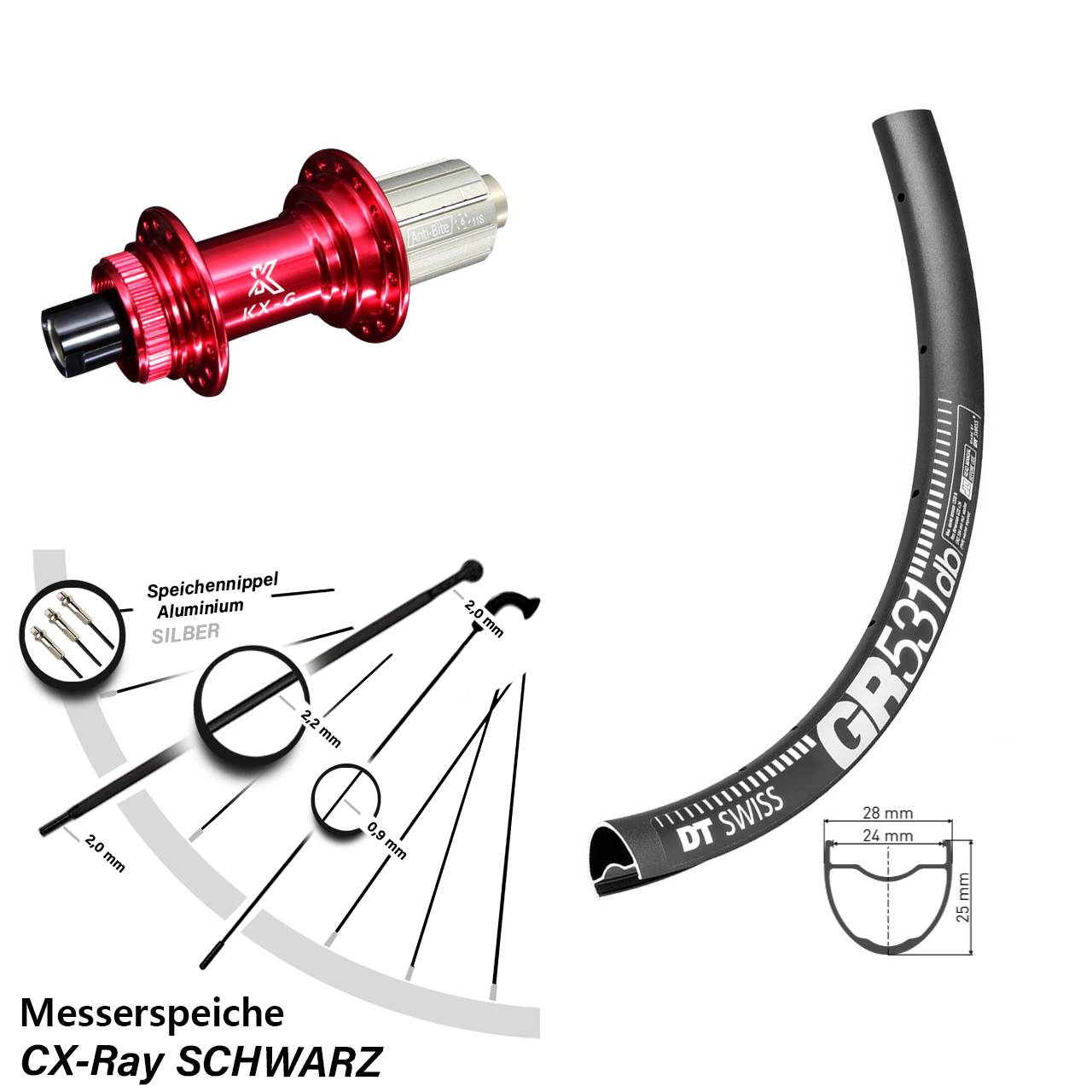 Hinterrad Centerlock 12x142 29 Zoll DT Swiss GR 531 KX-G rot 8-12 fach CX-Ray