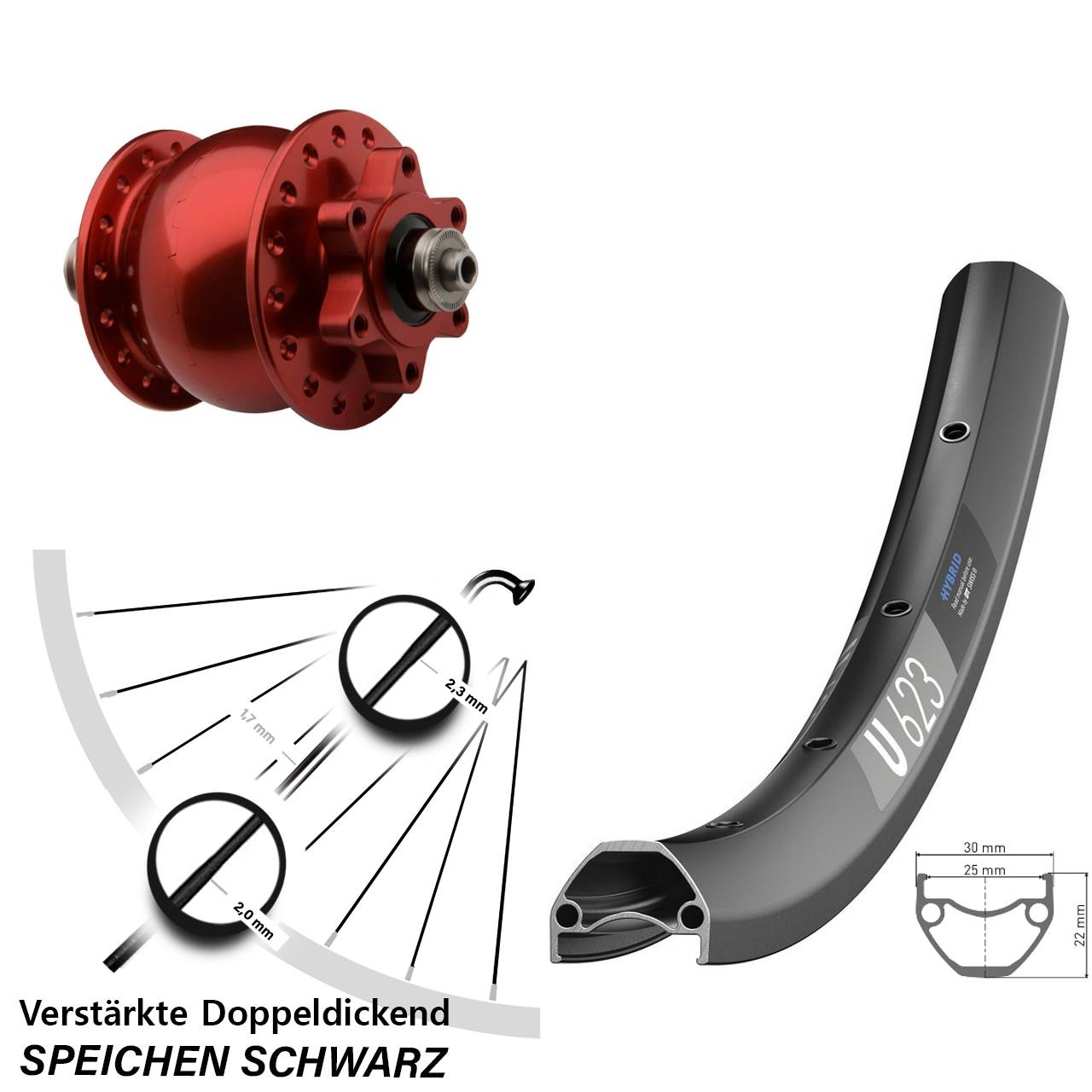 6-Loch Vorderrad mit Nabendynamo für Schnellspanner 28-29 Zoll DT Swiss U623 SON 28 rot