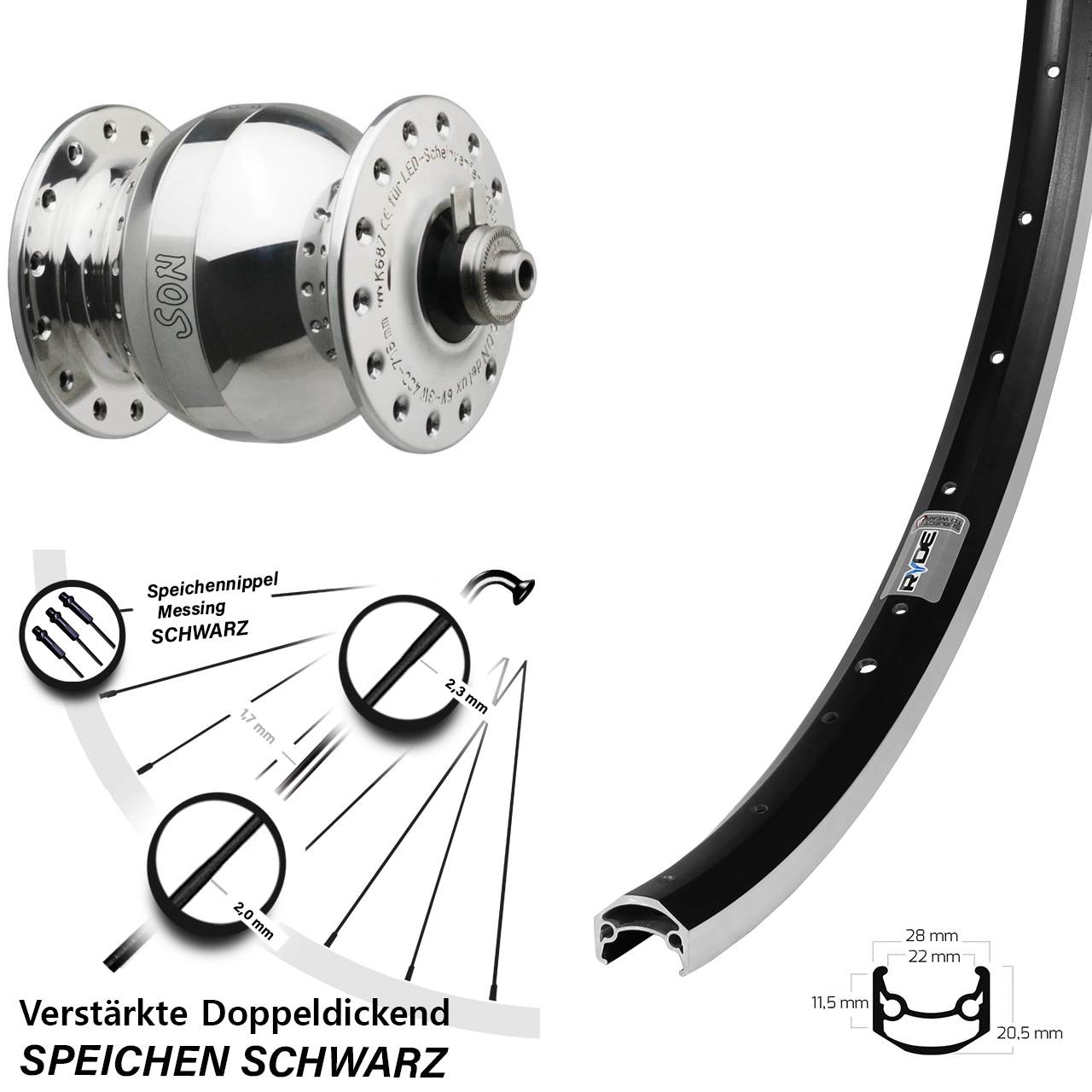 Nabendynamolaufrad 27,5 Zoll Ryde Andra 35 SONdelux wide body QR