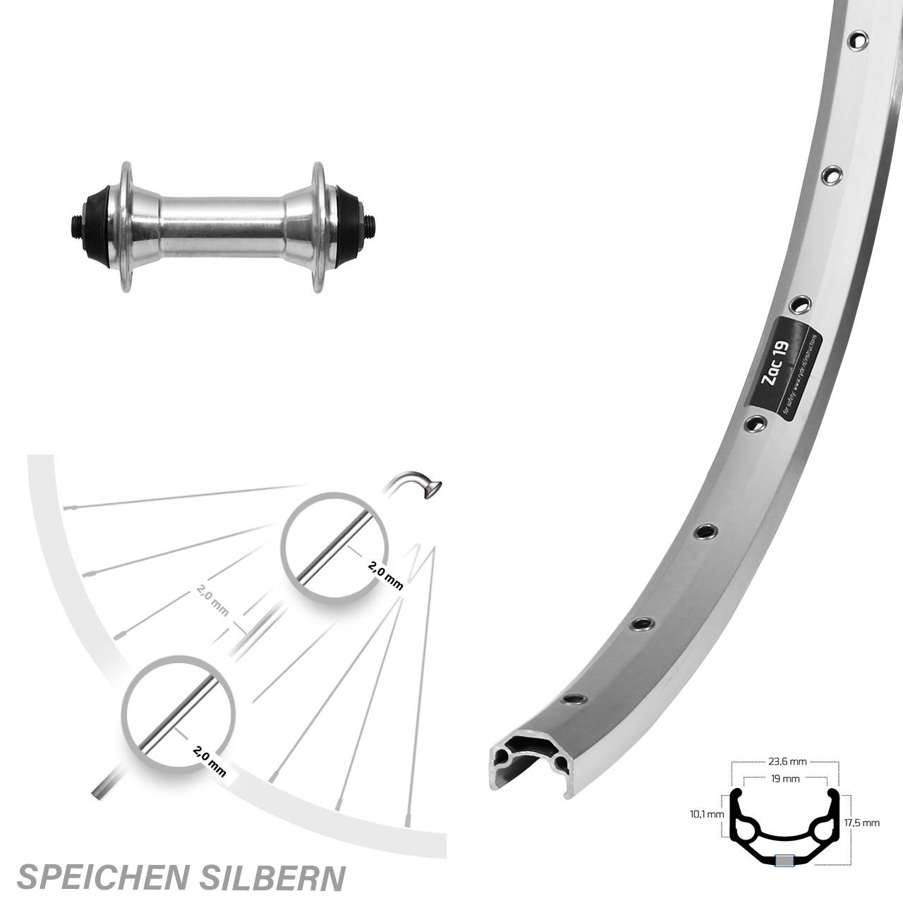 Vorderrad Ryde ZAC 19 Felgenbremse silbern 26 Zoll