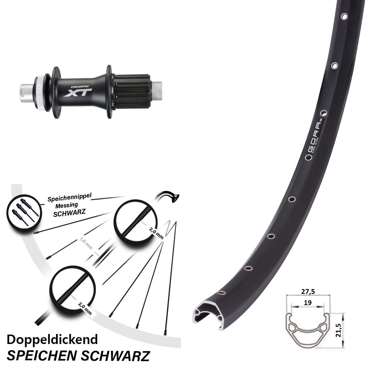 26 Zoll Gora 19 Shimano XT Disc Hinterrad 12x142 8-11 fach