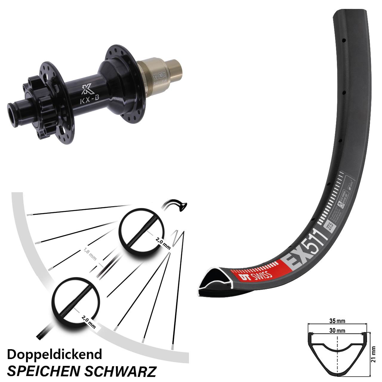 DT Swiss EX511 KX-B 29 Zoll 6-Loch Hinterrad 12x148 SRAM XD