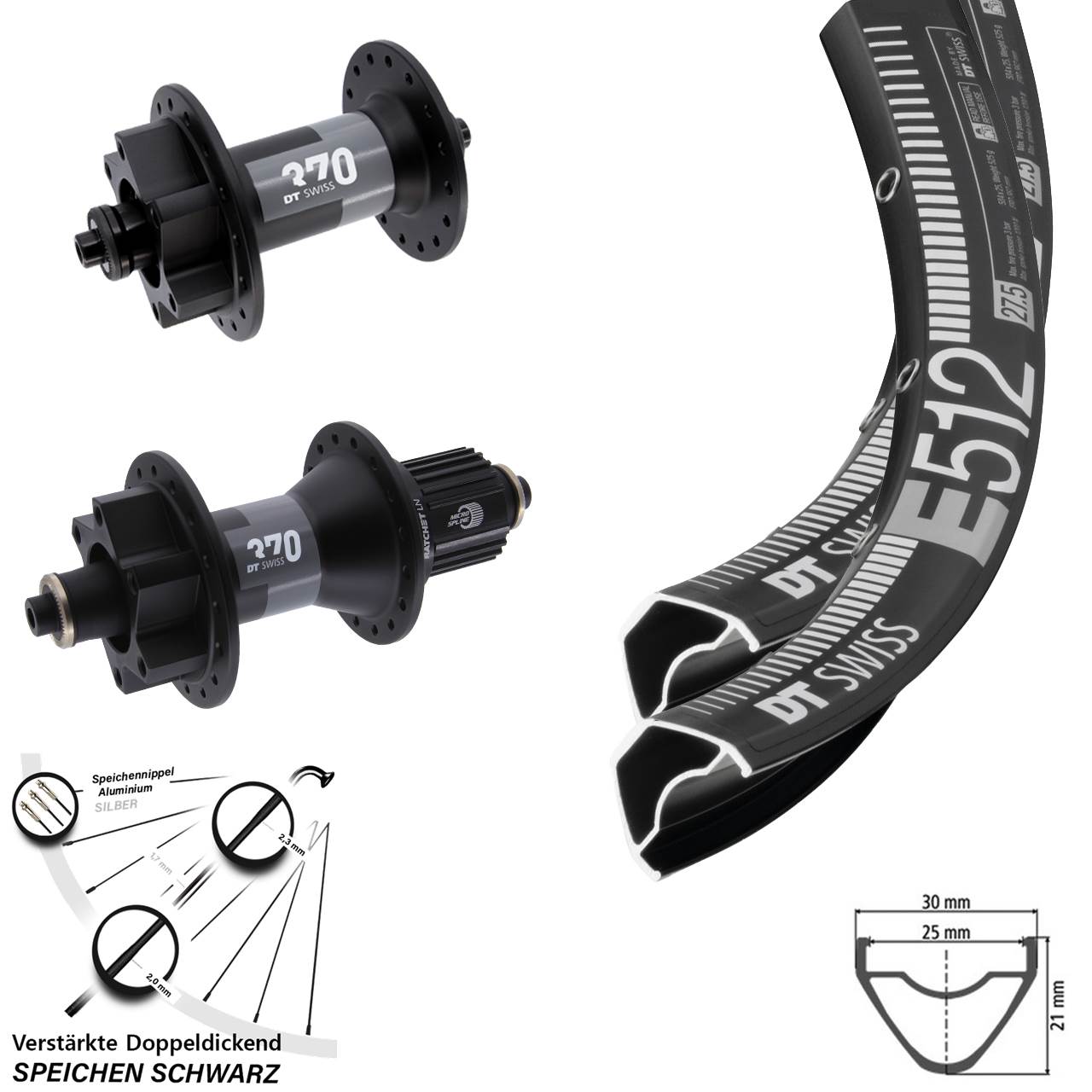 Laufradsatz 27,5 Zoll 6-Loch DT Swiss E 512-370 Hybrid Micro Spline QR