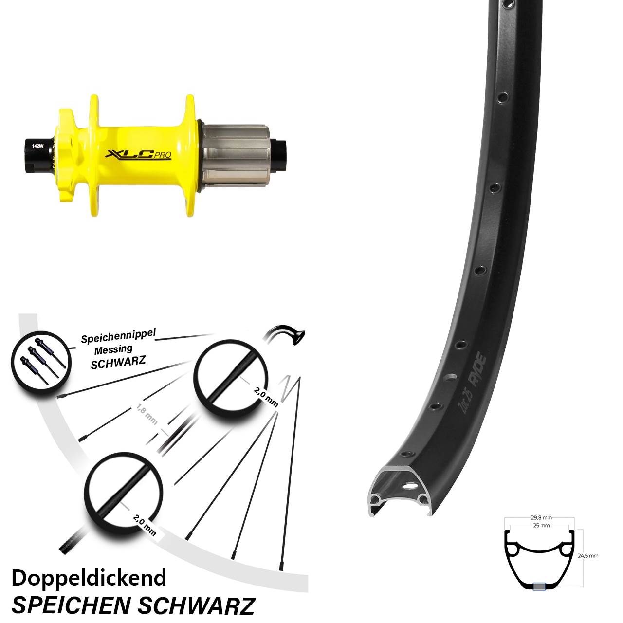 Hinterrad 28-29 Zoll Ryde ZAC 25 XLC Pro HR gelb 12x142 6-Loch 8-11 fach HG