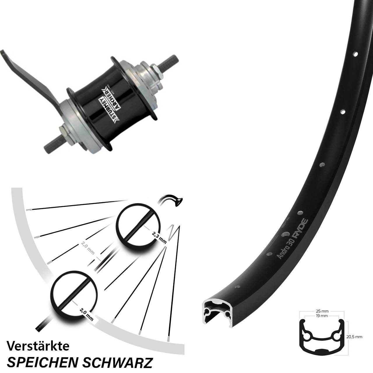 28 Zoll Laufrad Sturmey Archer Duomatic Kick-Shift Ryde Andra 30 schwarz ohne Bremsflanke