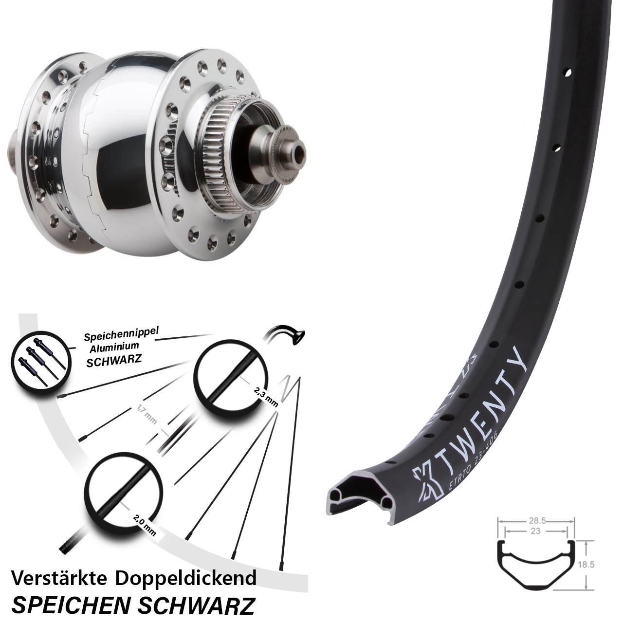 Nabendynamo-Vorderrad Centerlock 20 Zoll KX Twenty SONdelux QR